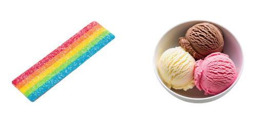 Rainbow sour candy belt and bowl with vanilla chocolate strawberry ice cream scoops isolated on white background sweet treats dessert concept sugary snack party