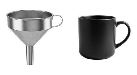 Stainless steel kitchen funnel with handle next to a matte black ceramic coffee mug isolated on white background for cooking beverage transfer or pouring