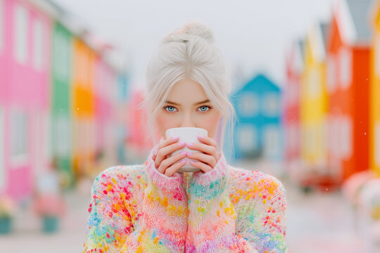 Young woman with light hair wearing a colorful sweater holds a cup of warm beverage, surrounded by vibrant houses, creating a cozy and inviting atmosphere in a charming neighborhood