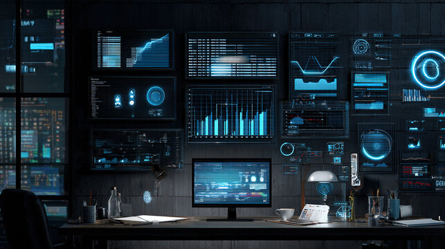 technical. Modern office workspace featuring abstract data visualizations on glowing screens. pitch deck slides, case study pages, designed for brand storytelling and e-commerce strategy.
