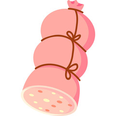 Pink Sliced Sausage Wrapped in Twine with Visible Meat Chunks and Fat Marbling on a Transparent Background Simple Icon Graphic