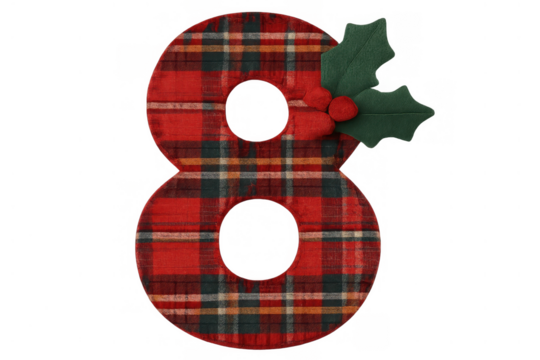 Festive number 8, red plaid christmas calendar digit with holly decoration against a transparent background