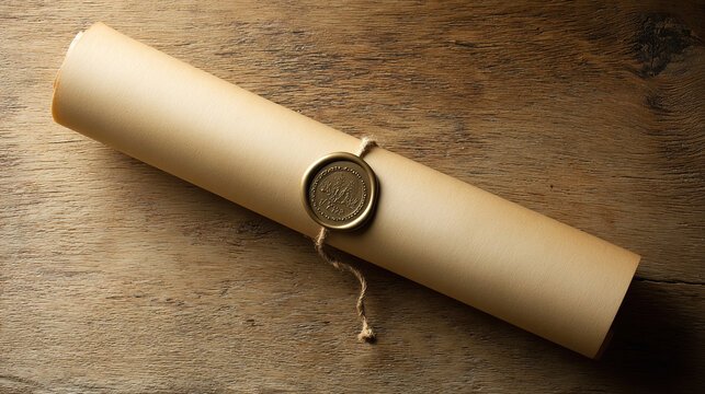 Ancient parchment scroll with wax seal, evoking historical documents on a rustic wooden surface.
 - Powered by Adobe