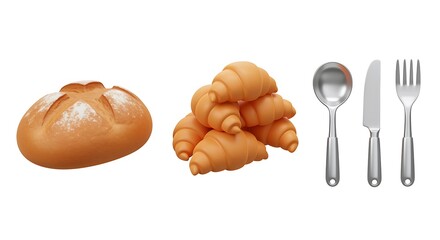 Freshly baked bread rolls and croissants with silverware on white background