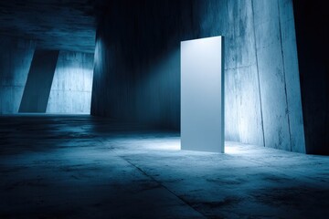 Concrete hall with glowing monolith, minimalist, stark, and blue-toned