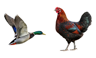 Flying Mallard Duck with Green Head Next to Proud Standing Rooster with Red Feathers Poultry Farm Birds Contrast Isolated on White Background Wildlife