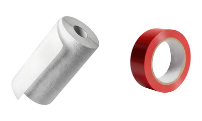 Roll of White Paper Towel Next to Bright Red Gaffer Tape or Duct Tape Isolated on White Background Cleaning Supplies and Construction Materials Concept High
