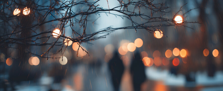 Blurry city lights rainy night bokeh urban street couple silhouette winter branch lamp twilight