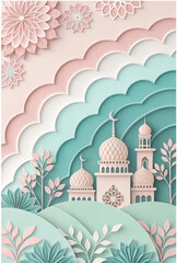 Fototapeta premium Pastel Mosque Illustration for Ramadan Celebrations and Islamic Holidays, Beautiful Paper Cut Style Design, Perfect for Greeting Cards and Social Media