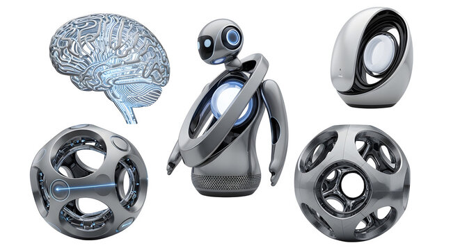 Collection of futuristic robots and artificial intelligence isolated on transparent background