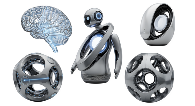 Collection of futuristic robots and artificial intelligence isolated on transparent background