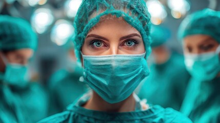 Surgeons in operating room, focused on a woman's face with striking blue eyes