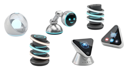 Collection of futuristic robot assistant devices isolated on transparent background