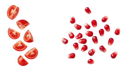 Flying Sliced Ripe Red Tomato Wedges and Bright Pomegranate Arils Scattered on White Background Healthy Food Ingredients Salad Toppings Fruit and Vegetable Mix