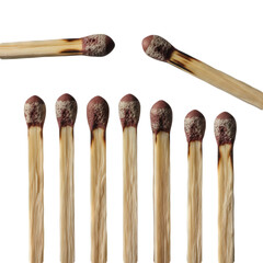Group of Unused Wooden Matches with Reddish Brown Heads Lined Up Below Two Partially Burned Matches on White Background Fire Ignition Camping Tool Safety
