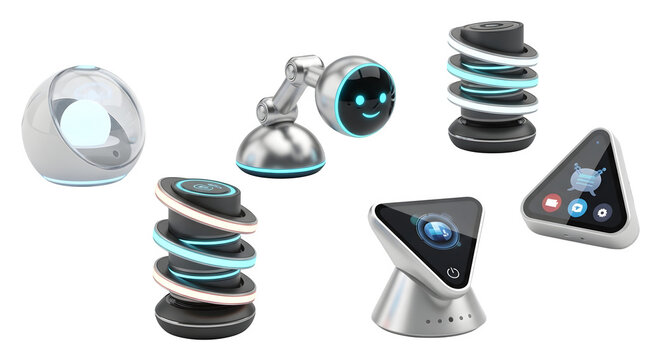 Collection of futuristic robot assistant devices isolated on transparent background