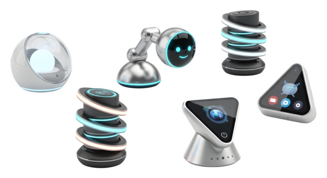 Collection of futuristic robot assistant devices isolated on transparent background