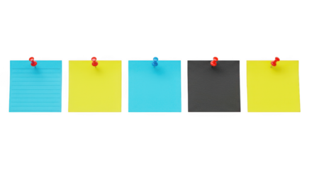 Blue, black, yellow paper note set with push pin isolated on transparent background