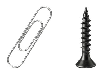 Silver Paperclip and Black Drywall Screw Isolated on White Background Office Supply Hardware Fastener Comparison Concept Metal Objects Office Tools Construction