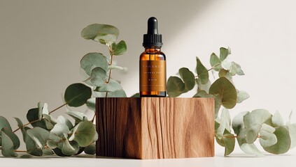 Serum bottle atop wood, surrounded by eucalyptus sprigs; neutral hues