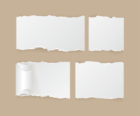Torn white paper scraps cartoon illustration set. Ragged square pieces of notebook sheets. Ripped empty notes or memo, blank damaged notepaper with shred edges. Scrapbook concept. Blank vector paper.