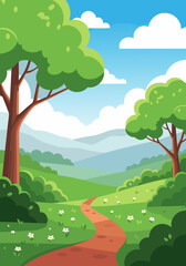 Obraz premium Serene Countryside Landscape with Winding Path Through Lush Green Hills and Trees Under a Blue Sky with Clouds