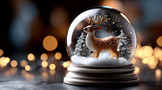 Reindeer in a playful snow globe with twinkling lights and shallow depth of field, featuring ample copy space at the top for a headline