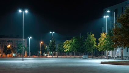 City square at night lit by street lamps, some trees and buildings