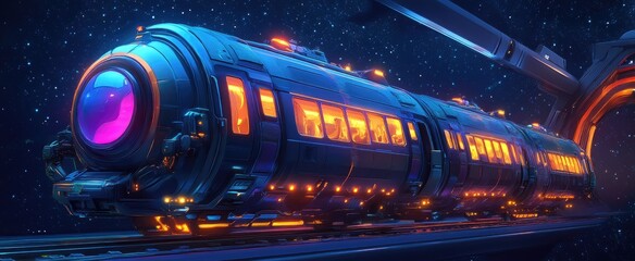 Futuristic train in a cosmic tunnel.