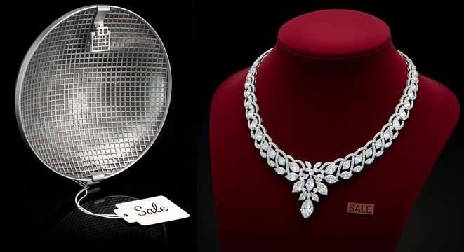 Diamond Necklace and Vintage Light Reflector on Black Background.