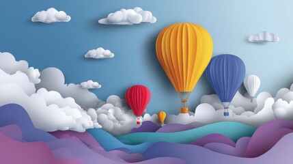 A paper illustration of hot air balloons floating in the sky above the hills. The vibrant colors and layered style create an atmosphere of dreaminess and adventure.