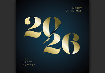 Merry Christmas and Happy New Year 2026 Gold Typography with Dark Blue Background