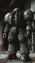 Rusty, antiquated mechanical suit in an industrial setting.