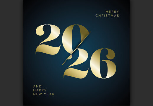 Merry Christmas and Happy New Year 2026 Gold Typography with Dark Blue Background