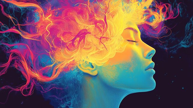 Ultradetailed illustration of a pastel yellow man s head with a vibrant multicolored brain featuring a tangled knot transforming into order