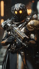 Dark, futuristic figure holding a long weapon.