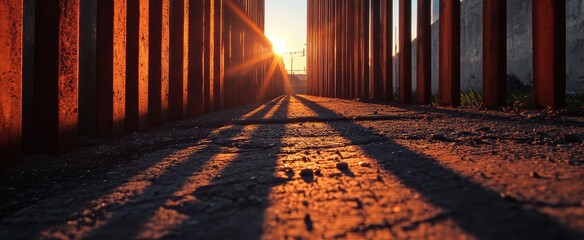 Sunlit pathway between rusty metal beams.