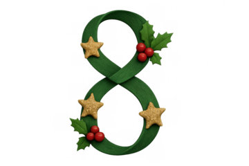 Festive number eight, a green ribbon numeral decorated with holly berries and golden stars, symbolizing christmas holiday season
