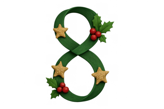 Festive number eight, a green ribbon numeral decorated with holly berries and golden stars, symbolizing christmas holiday season