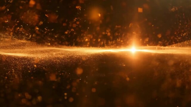 An abstract animation of a golden, glowing audio waveform pulsing over a dark, smoky, and textured particle background