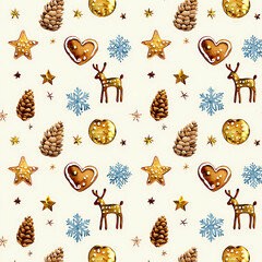Cute seamless texture with gingerbread cookies and winter elements for packaging, fabric and stationery.