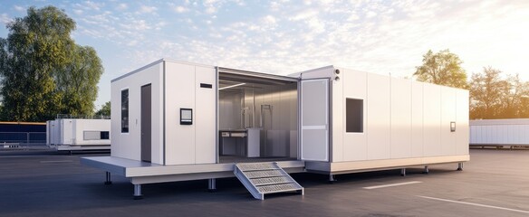 Modern modular building on paved surface under a partly cloudy sky