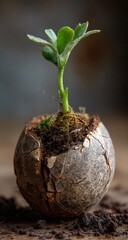 Sprout grows in cracked eggshell, surrounded by soil