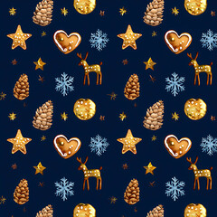 Cute seamless texture with gingerbread cookies and winter elements for packaging, fabric and stationery.