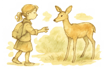 Enchanting girl meeting a deer in a vintage watercolor illustration, fostering friendship, connection, and nature interaction on transparent background