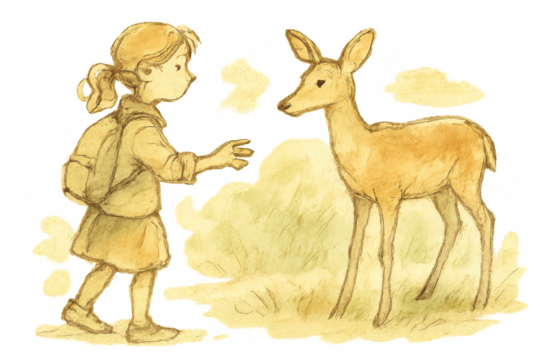 Enchanting girl meeting a deer in a vintage watercolor illustration, fostering friendship, connection, and nature interaction on transparent background
