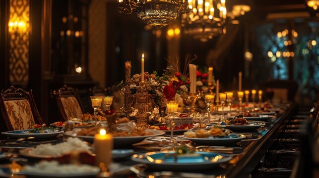 Luxurious Dining Table Setting with Gourmet Food, Glowing Candles, and Elegant Floral Arrangements for a Festive Celebration