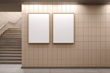 Two blank posters on tiled wall near stairs in a subway station