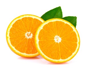 Two orange slices with leaves