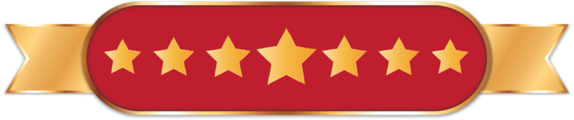 A glossy red and gold ribbon badge featuring five gold stars in the center - five-star rating badge